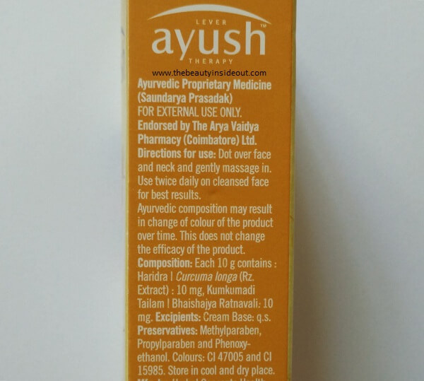 Lever Ayush Anti Marks Turmeric Face Cream Ingredients