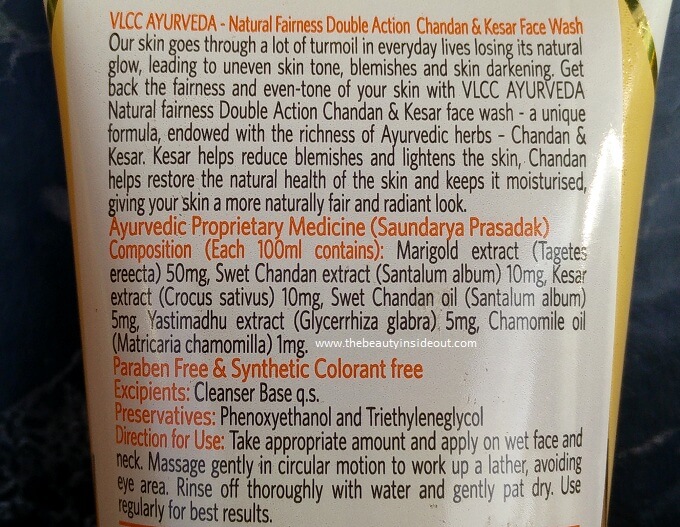 VLCC Ayurveda Natural Fairness Double Action Chandan & Kesar Face Wash Ingredients