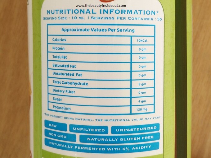 Mamaearth Organic Apple Cidar Vinegar - Nutritional Value