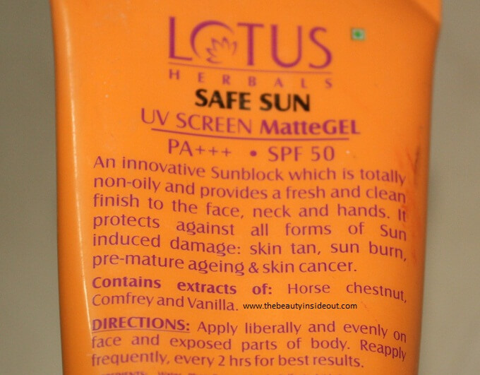 Lotus Herbals Safe Sun UV Screen Matte Gel Description
