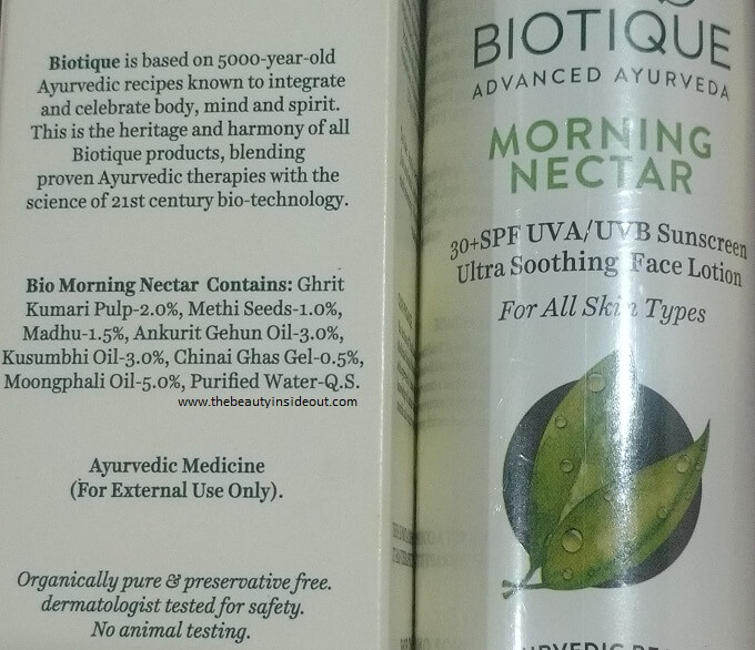 Biotique Bio Morning Nectar Ultra Soothing Face Lotion SPF 30 Ingredients