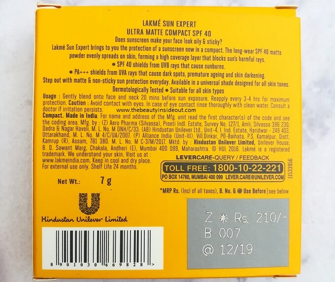 Lakme Sun Expert Ultra Matte Compact Ingredients Not Mentioned