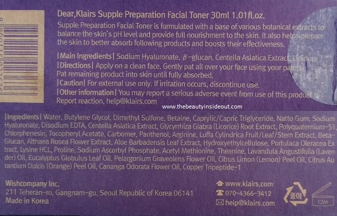 Klairs Supple Preparation Facial Toner Ingredients