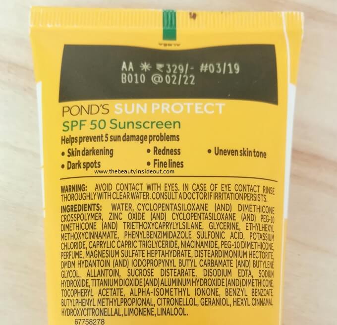 Ponds Non Oily Sunscreen SPF 50 Ingredients