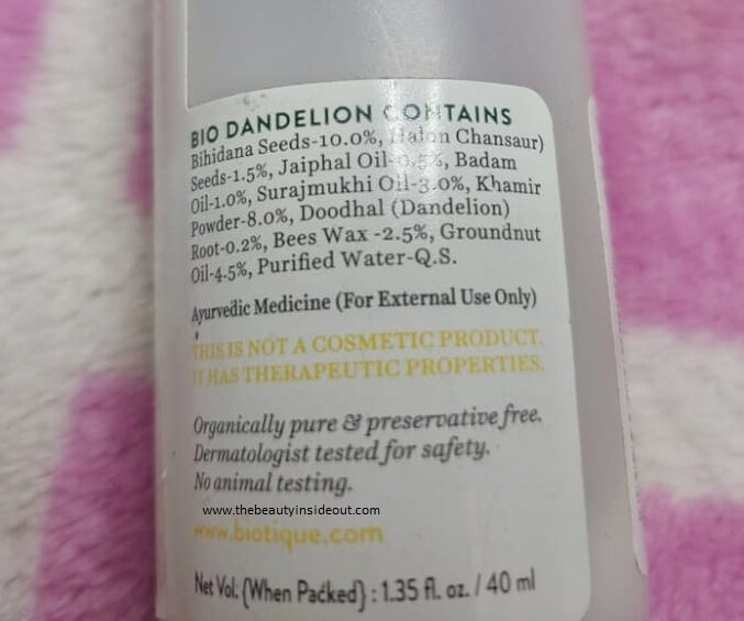 Biotique Bio Dandelion Visibly Ageless Serum Ingredients