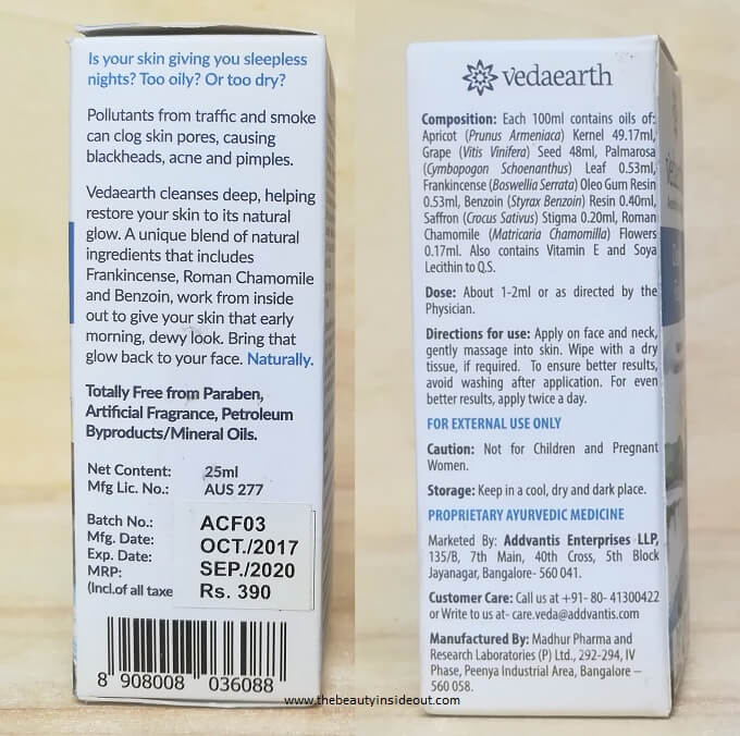 Vedaearth Cleansing Facial Oil Ingredients