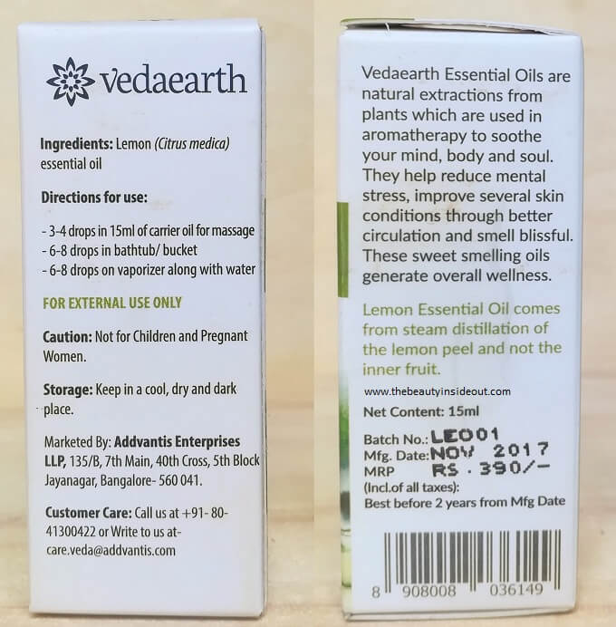 Vedaearth Lemon Essential Oil Ingredients