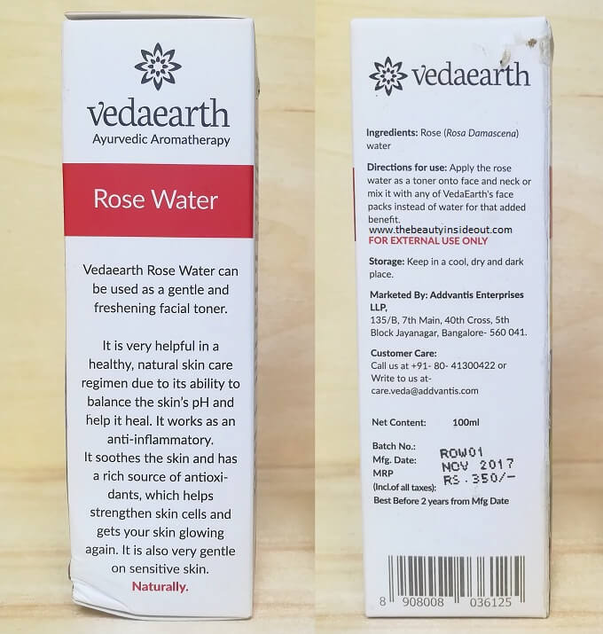 Vedaearth Rose Water Ingredients