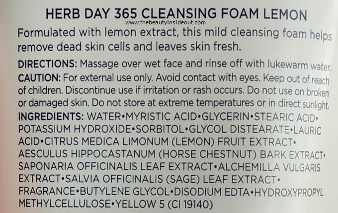 The Face Shop Herb Day 365 Cleansing Foam Lemon Ingredients