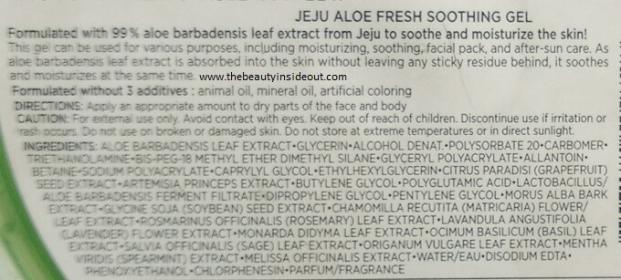 The Face Shop Jeju Aloe Fresh Soothing Gel Ingredients