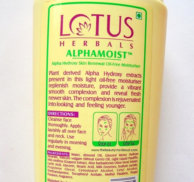 Lotus Herbals Alphamoist Oil Free Moisturizer Ingredients