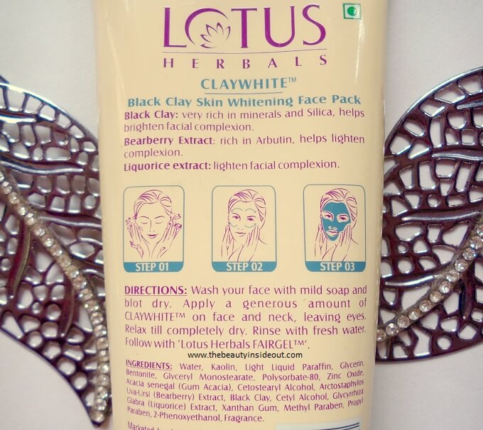 Lotus Herbals Claywhite Black Clay Skin Whitening Face Pack Ingredients