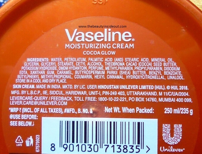 Vaseline Cocoa Glow Moisturizing Cream Ingredients