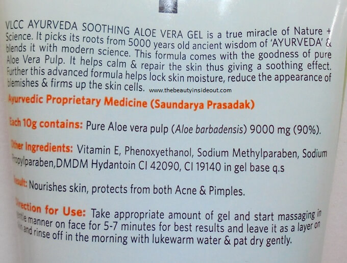 VLCC Ayurveda Soothing Aloe Vera Gel Ingredients