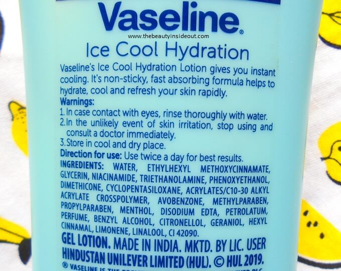 Vaseline Ice Cool Hydration Ingredients