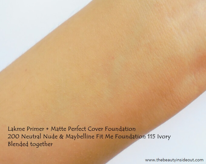 Lakme 9 to 5 Primer + Matte Perfect Cover Foundation vs. Maybelline Fit Me Matte + Poreless Foundation Swatches After Blending