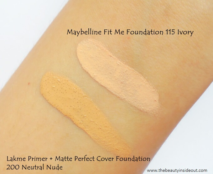 Lakme 9 to 5 Primer + Matte Perfect Cover Foundation vs. Maybelline Fit Me Matte + Poreless Foundation Swatch Comparison