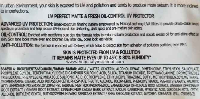 L’Oreal UV Perfect Matte & Fresh Ingredients