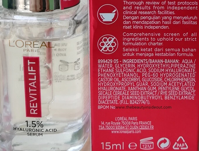 L'Oreal Paris Revitalift Hyaluronic Acid Serum Ingredients
