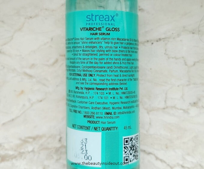 Streax Hair Serum Ingredients