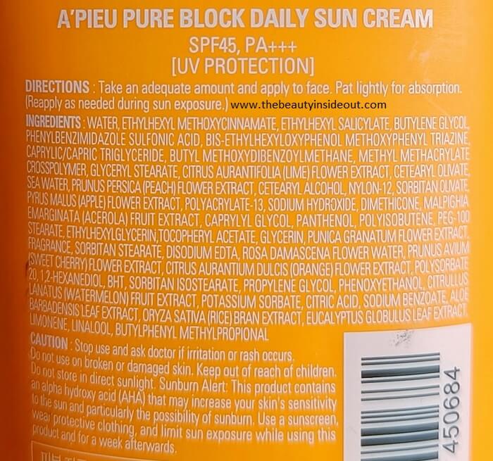A'pieu Sun Cream Ingredients